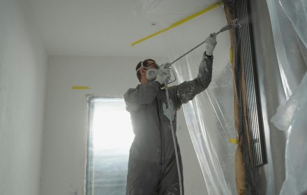 A professional painter wearing protective gear spray paints a wall indoors, working on a home renovation project.